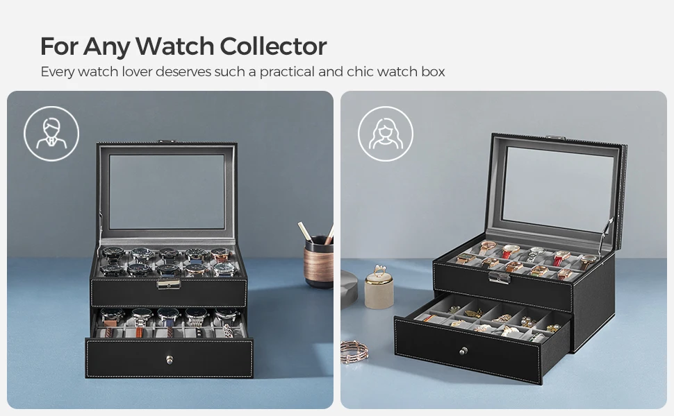 SONGMICSHOME Watch Box Black Synthetic Leather 20-Slot Watch Case with Glass Lid 2 Layers Lockable Watch Display Case