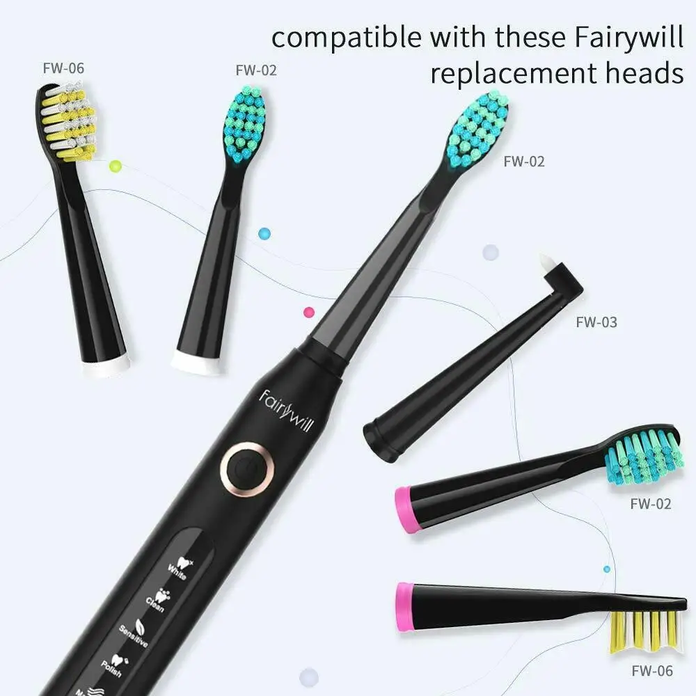 Fairywill Electric Sonic Toothbrush FW-507 USB Charge Rechargeable Adult Waterproof Electronic Tooth Brushes Replacement Heads 8