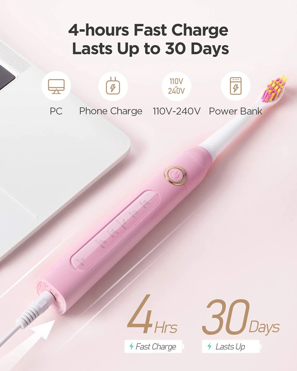 Fairywill Electric Sonic Toothbrush FW-507 USB Charge Rechargeable Adult Waterproof Electronic Tooth Brushes Replacement Heads 8