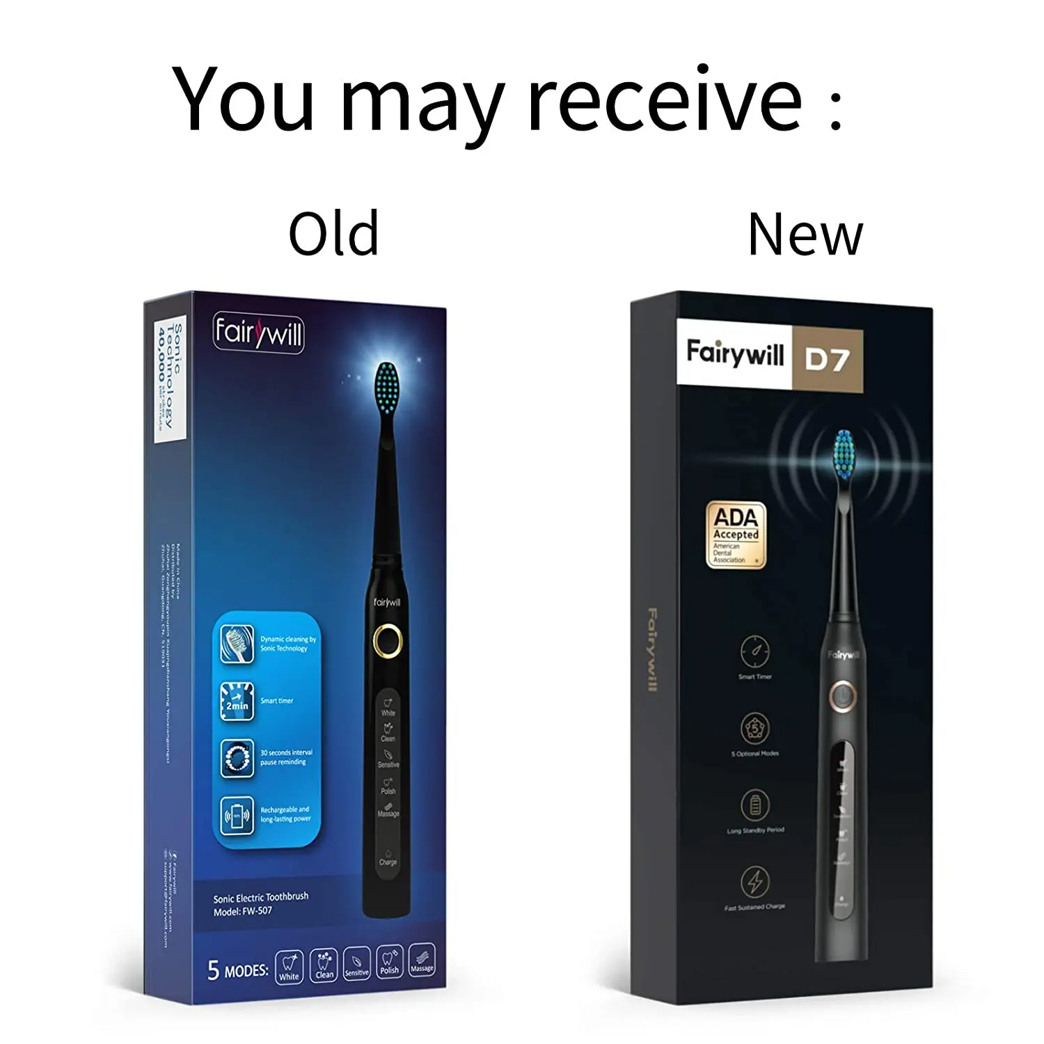 Fairywill Electric Sonic Toothbrush FW-507 USB Charge Rechargeable Adult Waterproof Electronic Tooth Brushes Replacement Heads 8
