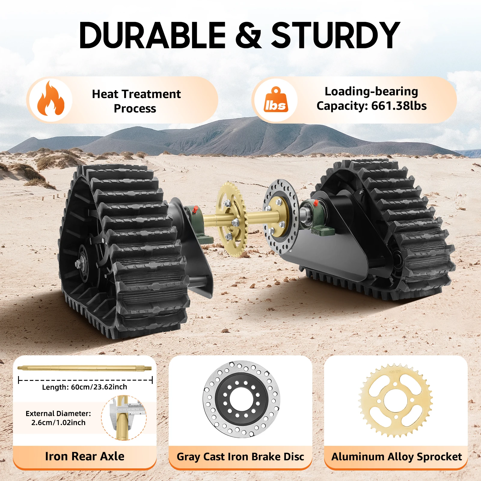 Heavy Duty ATV Rear Track Assembly 661LBS Capacity, UTV Go-Kart Axle Kit with Sprocket & Brake Disc, 26.96" Rubber Track Wheels for Mud, Sand, Snow, Mountain Off-Road