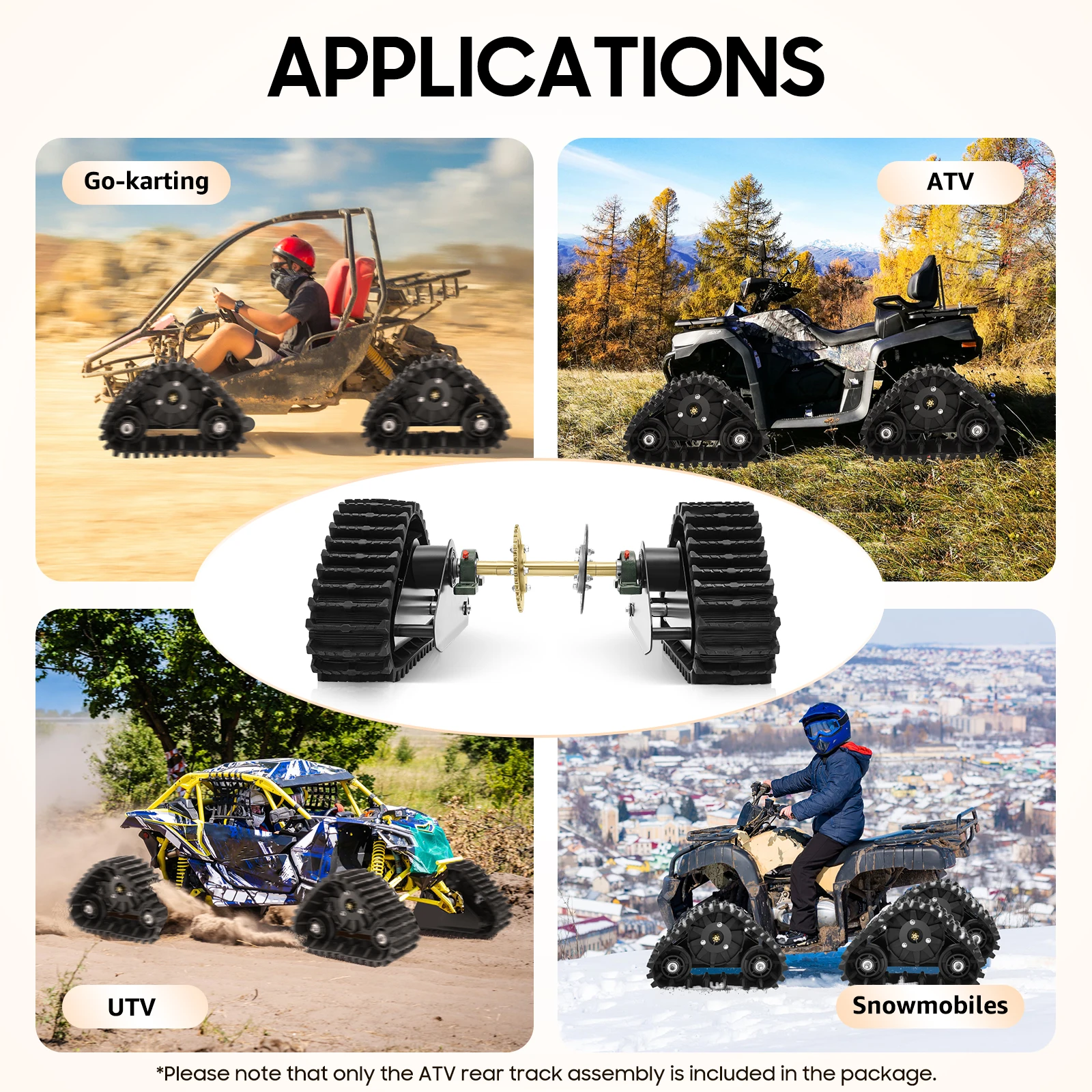 Heavy Duty ATV Rear Track Assembly 661LBS Capacity, UTV Go-Kart Axle Kit with Sprocket & Brake Disc, 26.96" Rubber Track Wheels for Mud, Sand, Snow, Mountain Off-Road