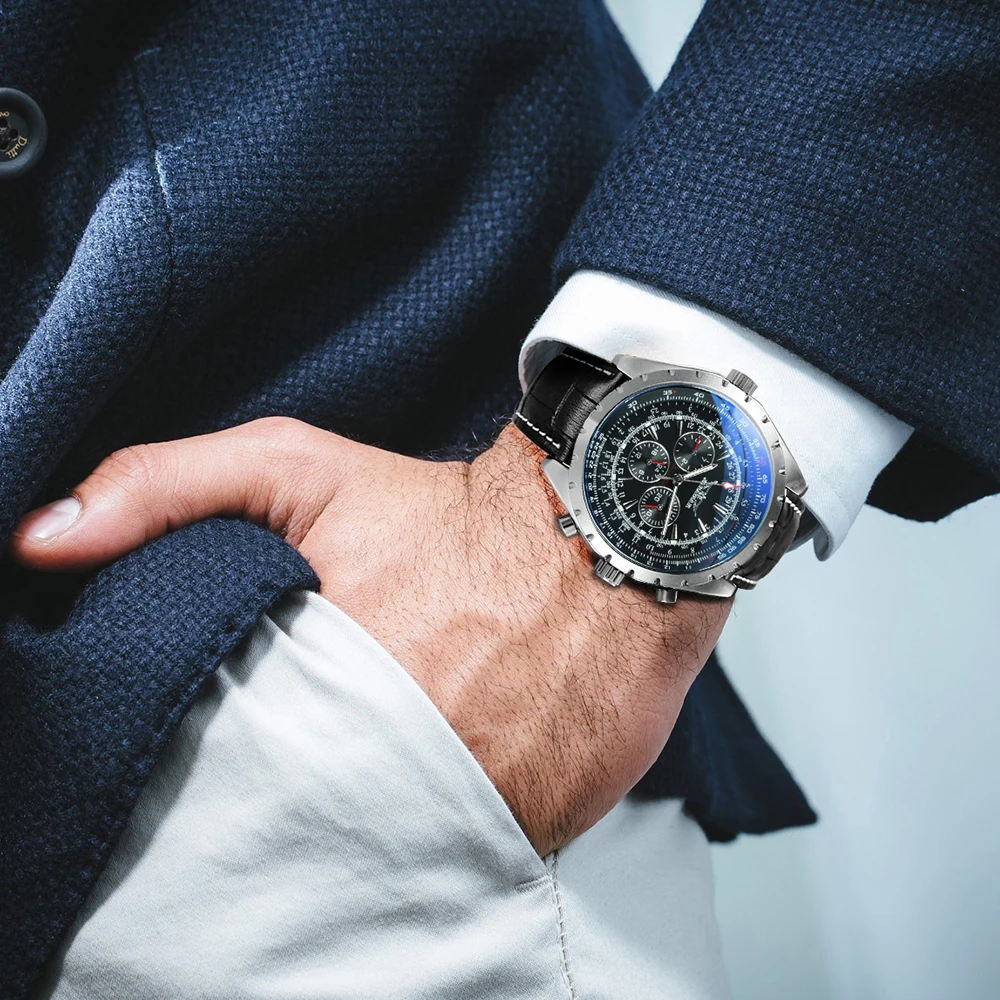 JARAGAR Fashion Sports Automatic Mechanical Watch for Men Multifunctional Small Dials Leather Steel Strap Business Mens Watches