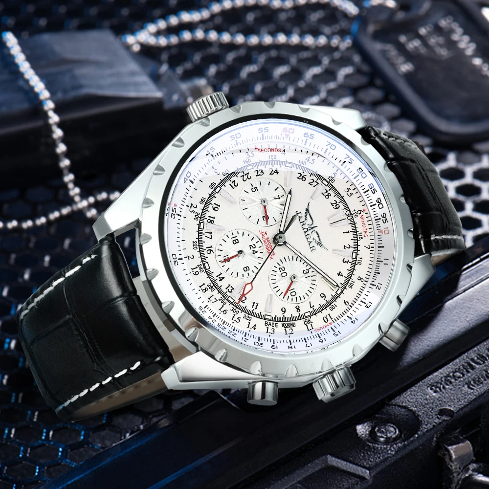 JARAGAR Fashion Sports Automatic Mechanical Watch for Men Multifunctional Small Dials Leather Steel Strap Business Mens Watches