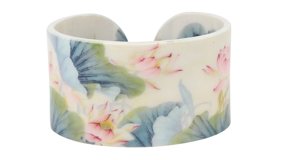 Bonsny Plastic Chinese Lotus Ink and Wash Painting Bangles Bracelets Traditional Ethnic Jewelry For Women Girls Ladies Wholesale