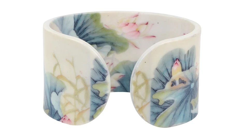 Bonsny Plastic Chinese Lotus Ink and Wash Painting Bangles Bracelets Traditional Ethnic Jewelry For Women Girls Ladies Wholesale