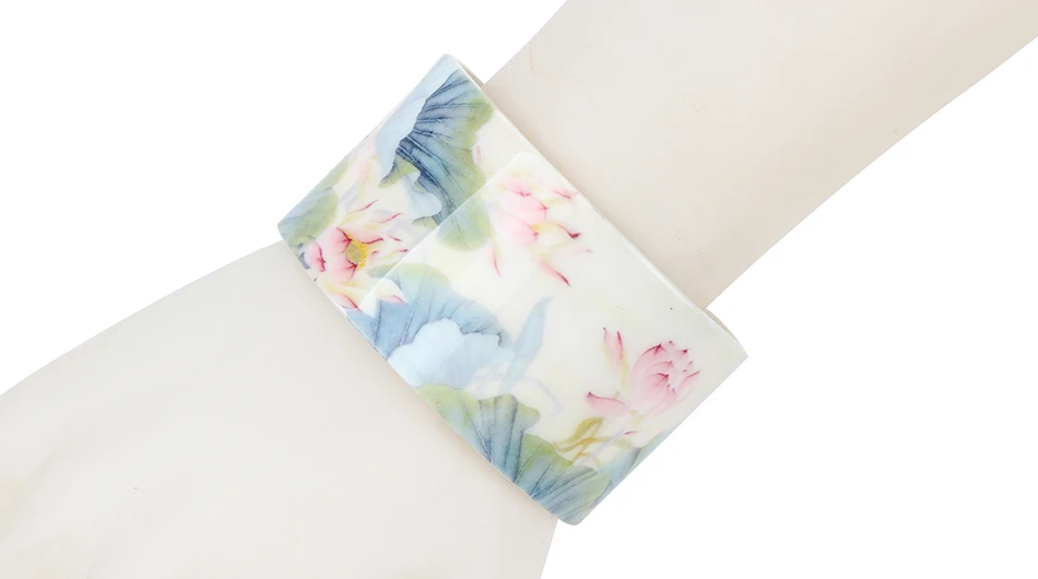 Bonsny Plastic Chinese Lotus Ink and Wash Painting Bangles Bracelets Traditional Ethnic Jewelry For Women Girls Ladies Wholesale