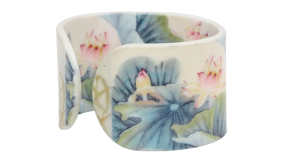 Bonsny Plastic Chinese Lotus Ink and Wash Painting Bangles Bracelets Traditional Ethnic Jewelry For Women Girls Ladies Wholesale