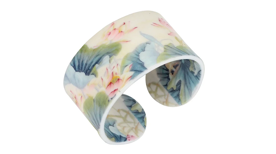Bonsny Plastic Chinese Lotus Ink and Wash Painting Bangles Bracelets Traditional Ethnic Jewelry For Women Girls Ladies Wholesale