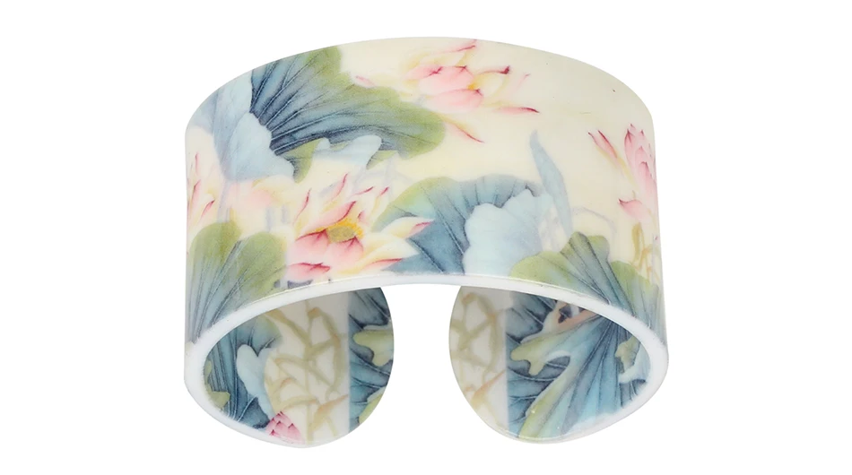 Bonsny Plastic Chinese Lotus Ink and Wash Painting Bangles Bracelets Traditional Ethnic Jewelry For Women Girls Ladies Wholesale