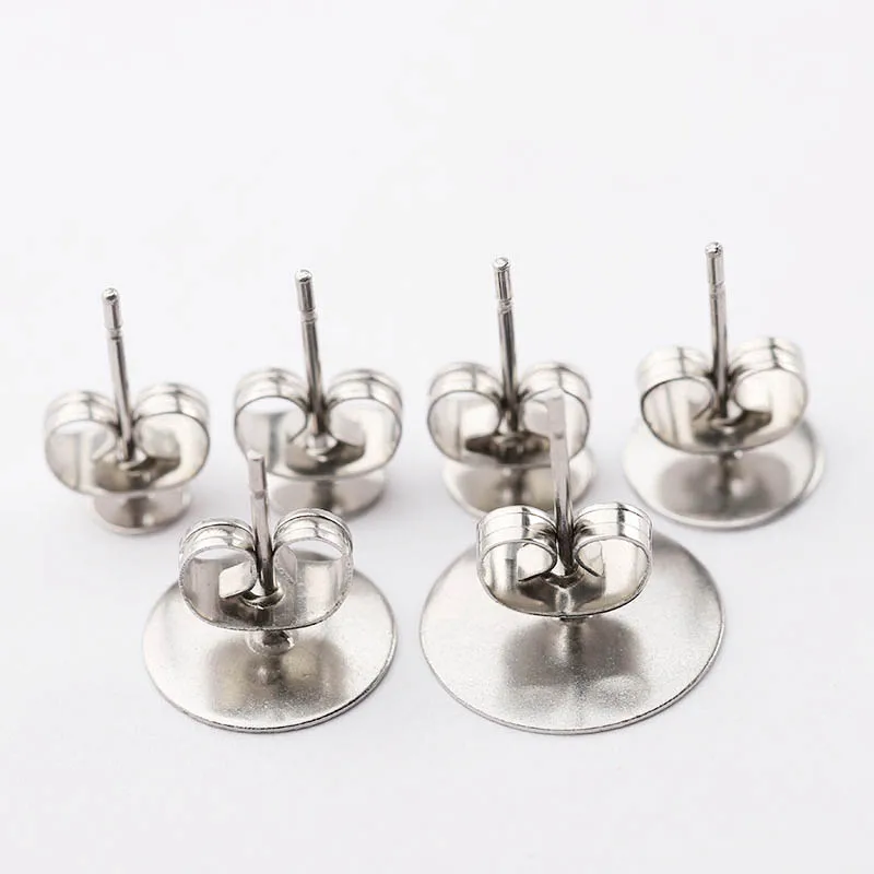100pcs Gold Color 316L Stainless Steel Earring Studs DIY Ear Blank Post Pins 3-12mm Flat Round Tray Base Ear Jewelry Making DIY
