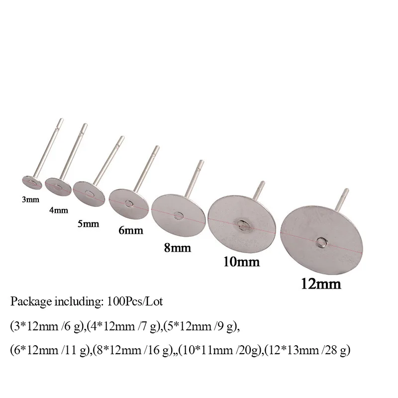 100pcs Gold Color 316L Stainless Steel Earring Studs DIY Ear Blank Post Pins 3-12mm Flat Round Tray Base Ear Jewelry Making DIY