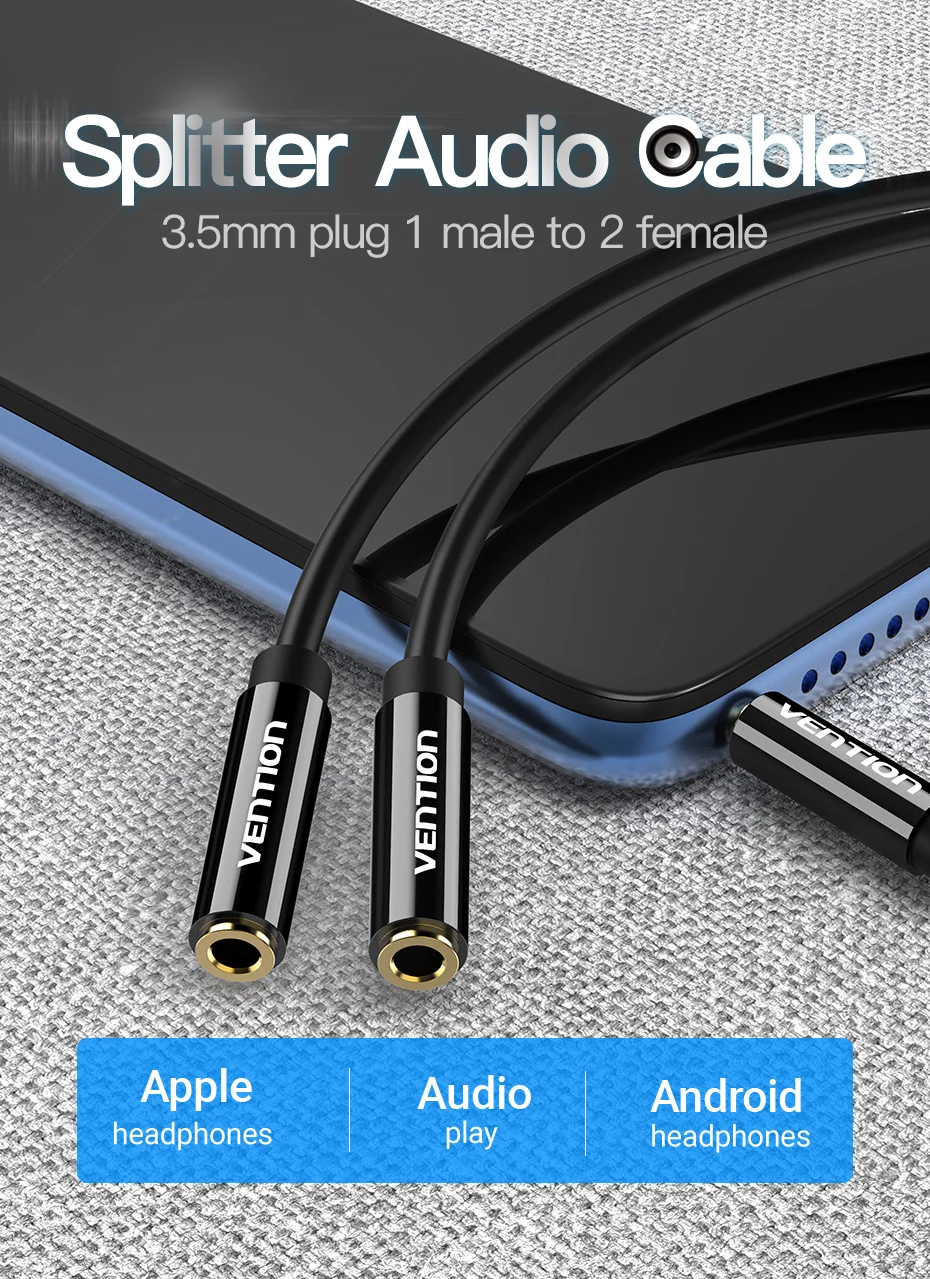 Vention Audio Splitter Cable 3.5mm Male to 2 Female Jack 3.5mm Mic Y Splitter Aux Cable for iPhone Laptop MP3 Headphone Splitter