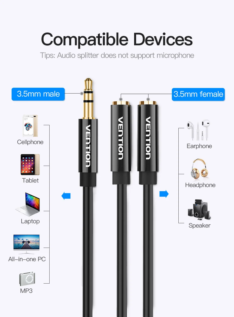 Vention Audio Splitter Cable 3.5mm Male to 2 Female Jack 3.5mm Mic Y Splitter Aux Cable for iPhone Laptop MP3 Headphone Splitter