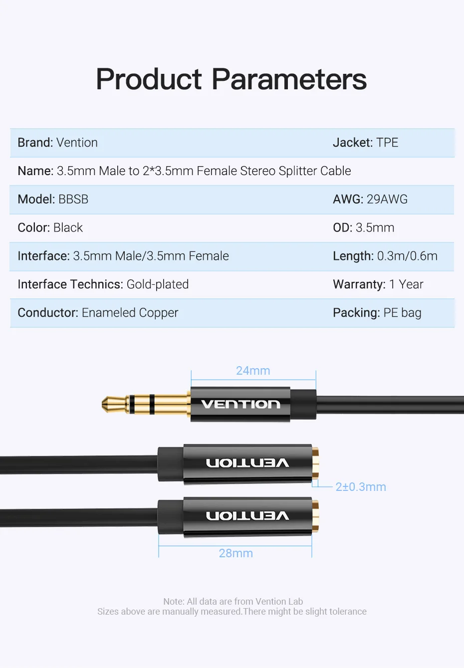 Vention Audio Splitter Cable 3.5mm Male to 2 Female Jack 3.5mm Mic Y Splitter Aux Cable for iPhone Laptop MP3 Headphone Splitter