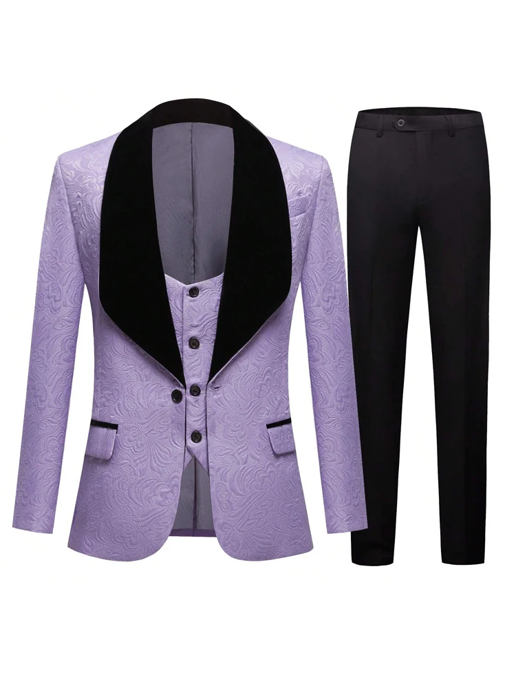 Men Light Blue Jacquard Tuxedo 3 Piece Suit Shawl Black Lapel Slim Fit Blazer Vest Pants Set Wedding Groom Prom Dinner Party Formal Mens Suit