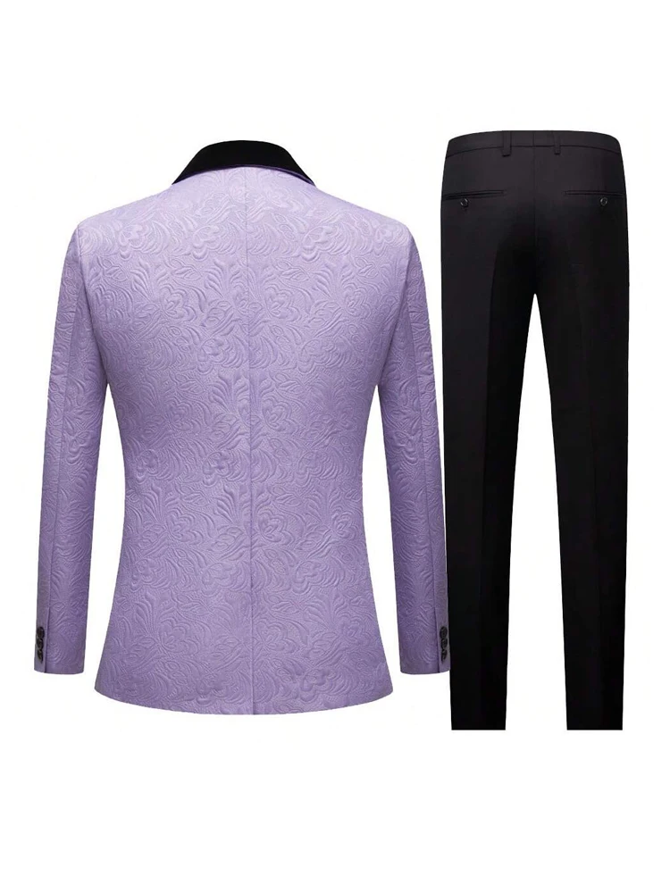 Men Light Blue Jacquard Tuxedo 3 Piece Suit Shawl Black Lapel Slim Fit Blazer Vest Pants Set Wedding Groom Prom Dinner Party Formal Mens Suit
