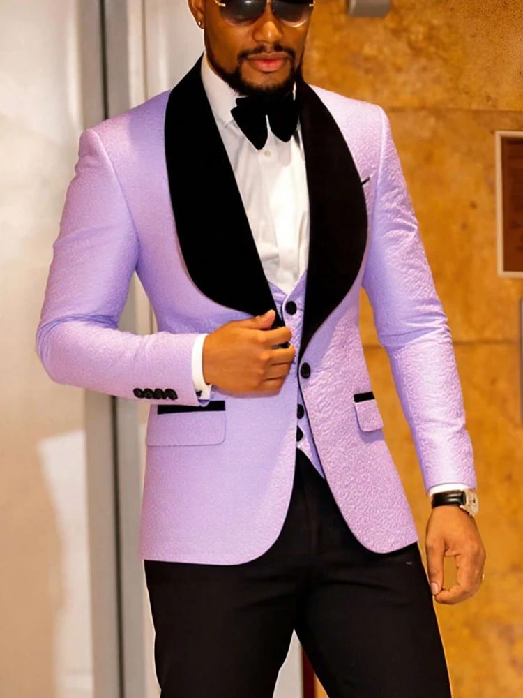 Men Light Blue Jacquard Tuxedo 3 Piece Suit Shawl Black Lapel Slim Fit Blazer Vest Pants Set Wedding Groom Prom Dinner Party Formal Mens Suit