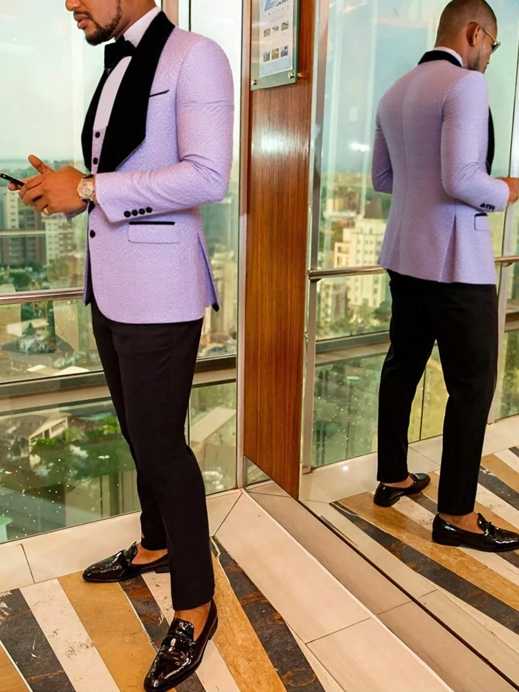 Men Light Blue Jacquard Tuxedo 3 Piece Suit Shawl Black Lapel Slim Fit Blazer Vest Pants Set Wedding Groom Prom Dinner Party Formal Mens Suit