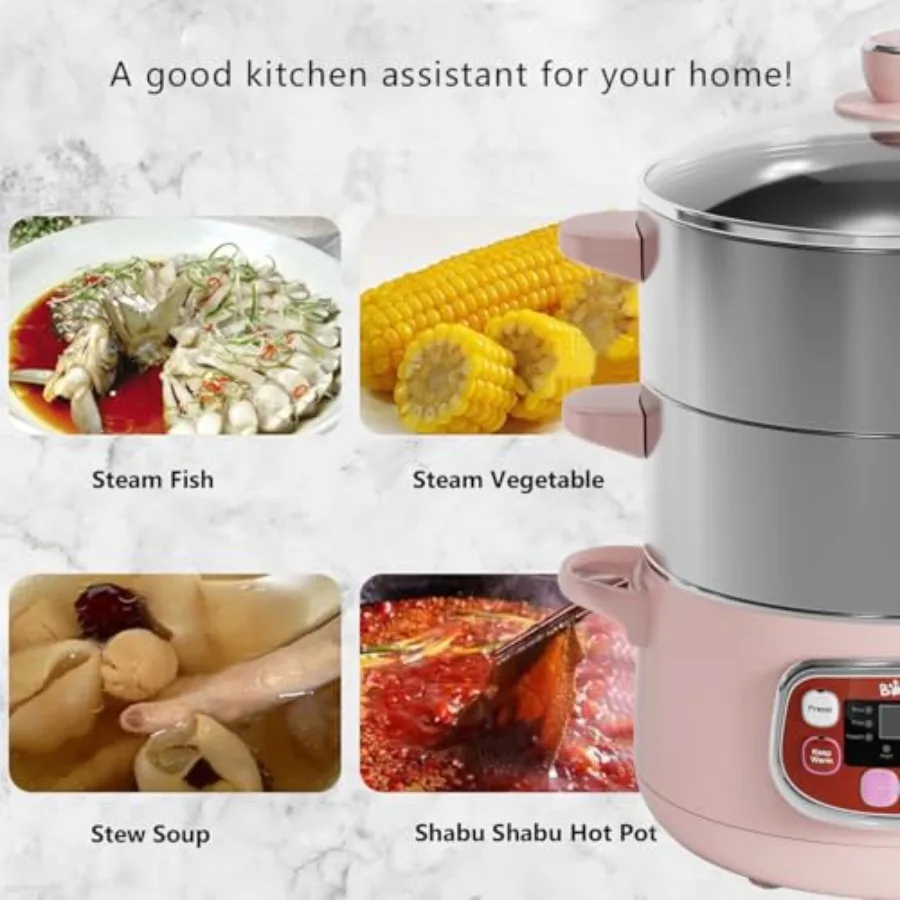 Bear Electric Multifunctional Food Steamer with Timer 2-Tiered Stackable Stainless Steel Baskets Auto Shut-off Anti-dry Protect