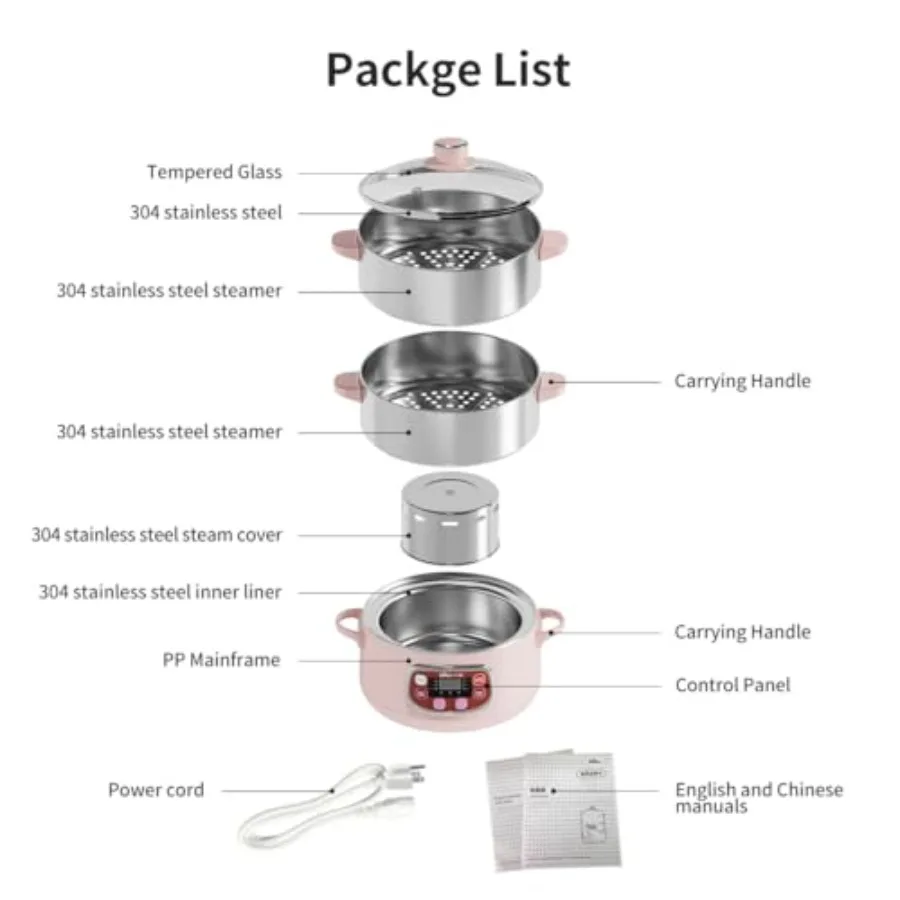 Bear Electric Multifunctional Food Steamer with Timer 2-Tiered Stackable Stainless Steel Baskets Auto Shut-off Anti-dry Protect
