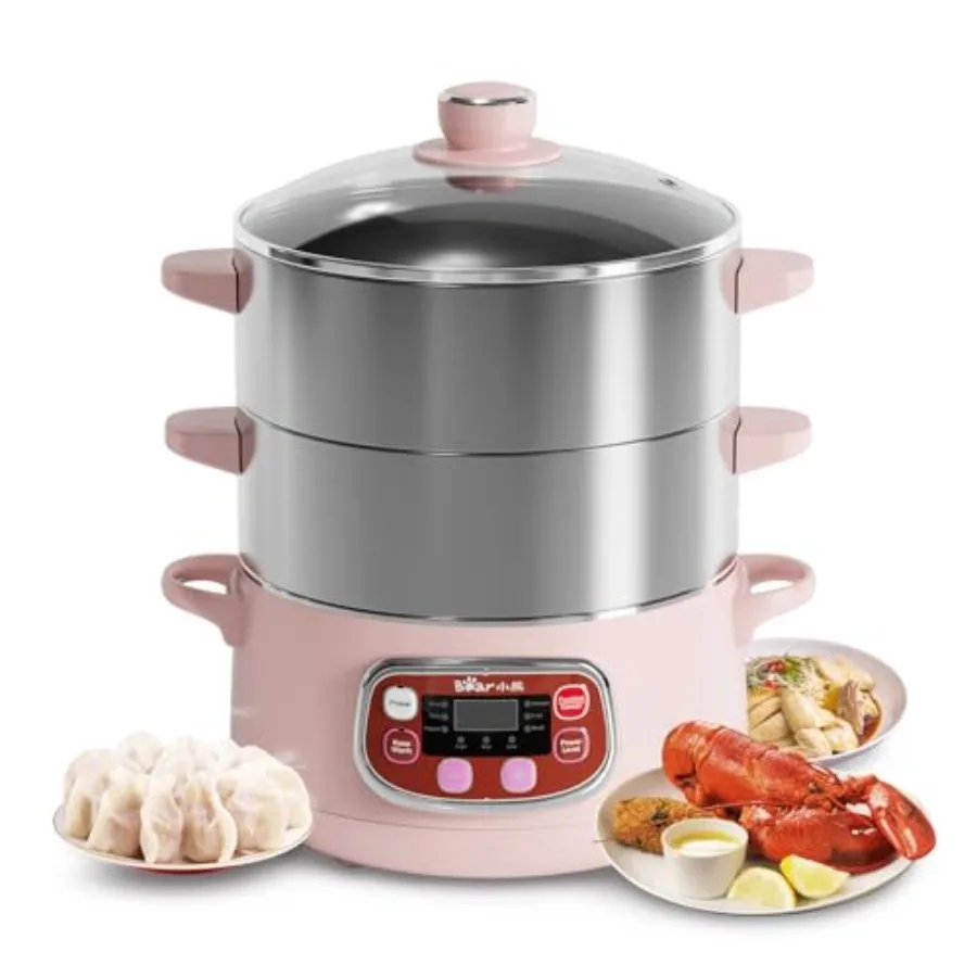 Bear Electric Multifunctional Food Steamer with Timer 2-Tiered Stackable Stainless Steel Baskets Auto Shut-off Anti-dry Protect