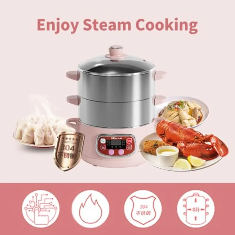 Bear Electric Multifunctional Food Steamer with Timer 2-Tiered Stackable Stainless Steel Baskets Auto Shut-off Anti-dry Protect