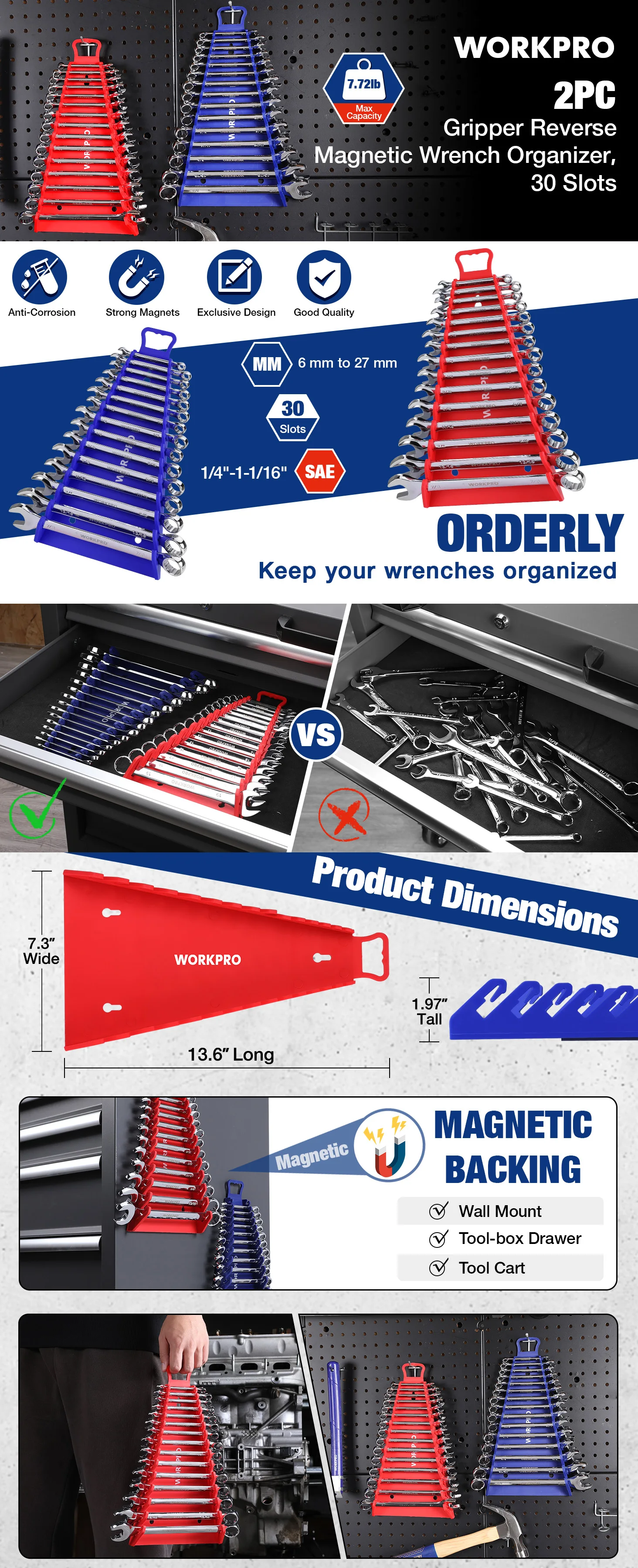 WORKPRO Magnetic Wrench Organizer Wrench Holder Set for Tool Box Drawer, Wrench Rack Tool Trays SAE and Metric (without tool)