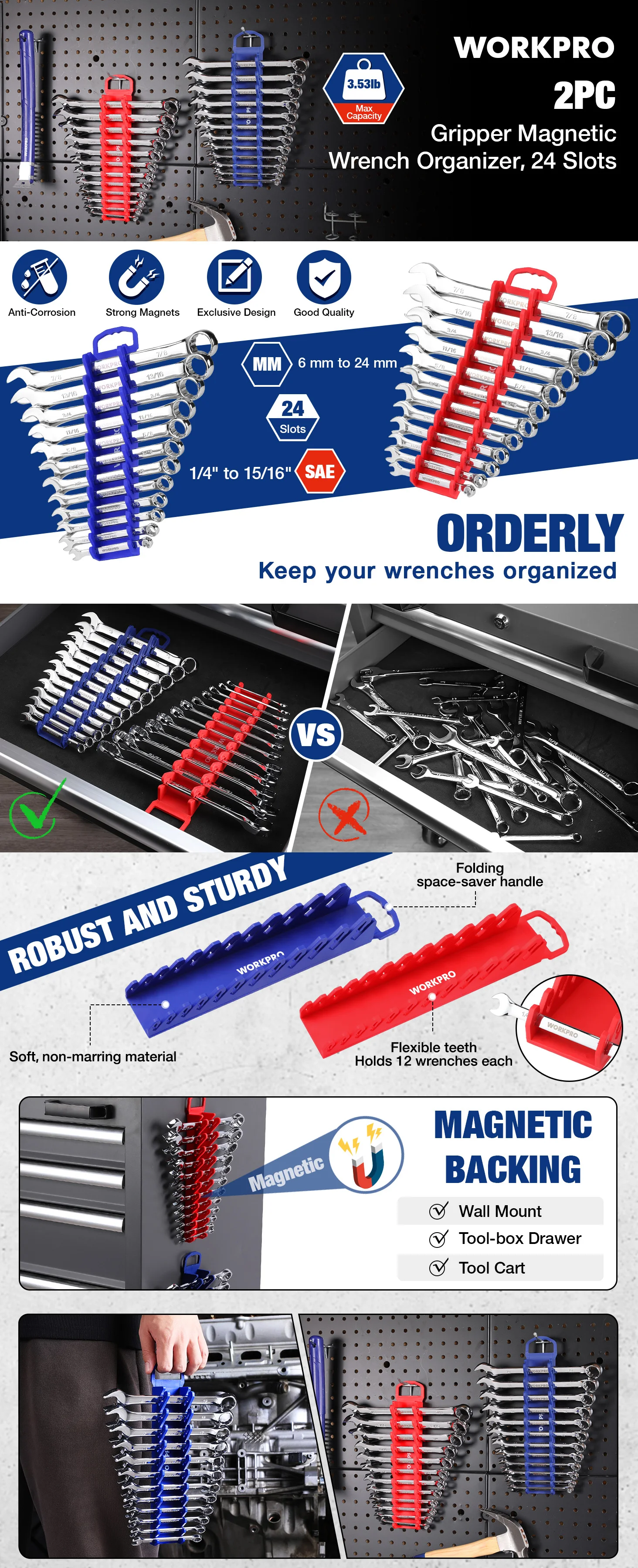 WORKPRO Magnetic Wrench Organizer Wrench Holder Set for Tool Box Drawer, Wrench Rack Tool Trays SAE and Metric (without tool)