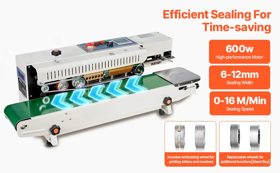 SucceBuy Continuous Bag Band Sealing Machine 6-12 mm Horizontal Band Sealer with Inflation Function for 0.02-0.8 mm Plastic Bags