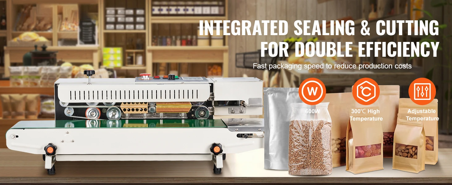 SucceBuy Continuous Bag Band Sealing Machine 6-12 mm Horizontal Band Sealer with Inflation Function for 0.02-0.8 mm Plastic Bags