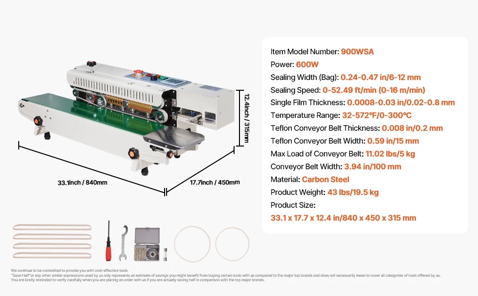 SucceBuy Continuous Bag Band Sealing Machine 6-12 mm Horizontal Band Sealer with Inflation Function for 0.02-0.8 mm Plastic Bags