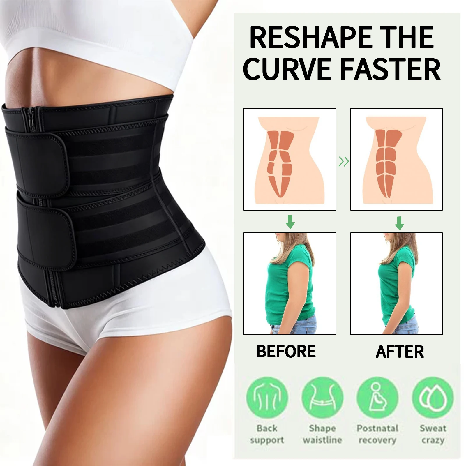 Adjustable Waist Trainer for Women, Double Belts Neoprene Corset with Zipper, Workout Cincher for Tummy Control & Back Support