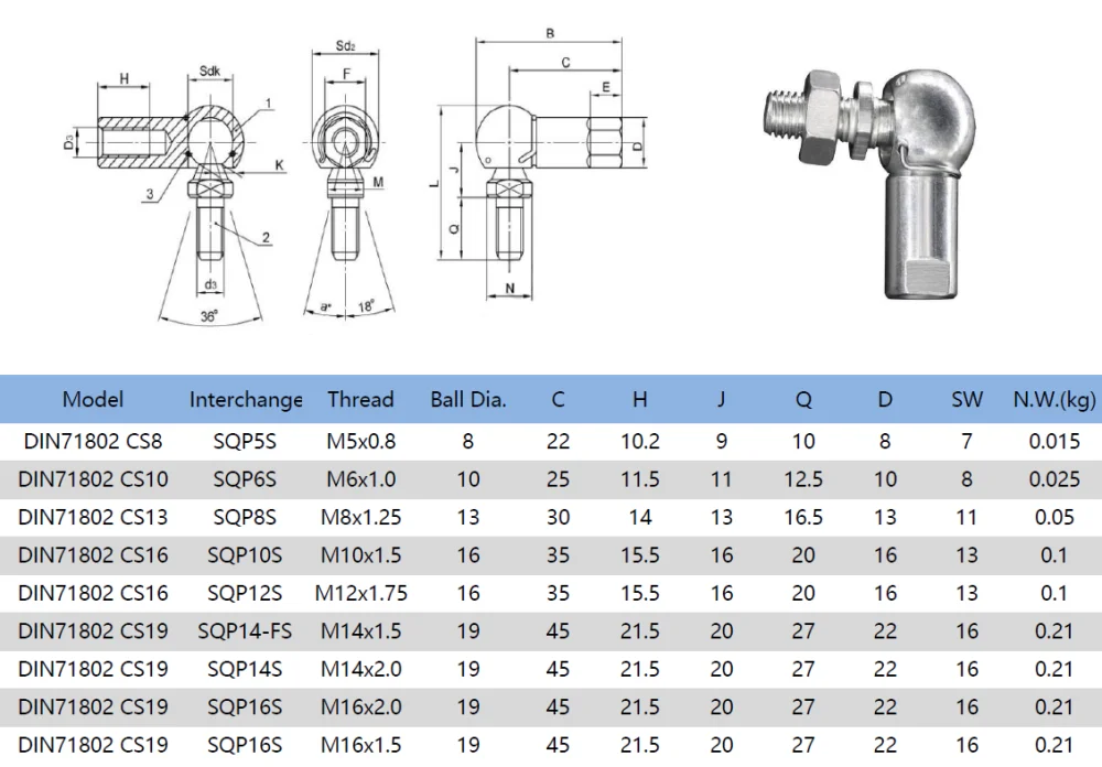 M5 M6 M8 M10 M12 Angle Ball Joint SQP5S SQP6S SQP8S SQP10S SQP12S Rod Ends With Stud