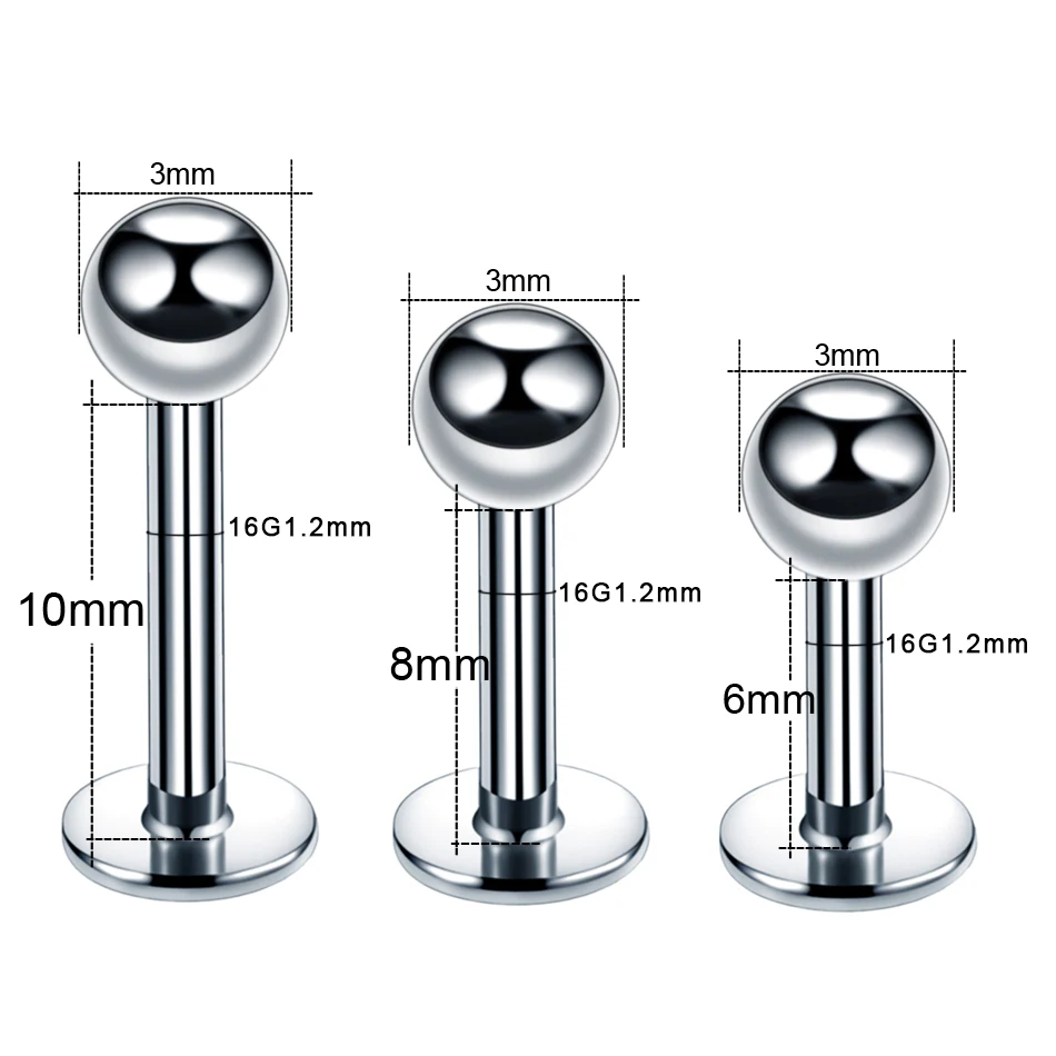 10pcs/lot Steel 16G Tragus Helix Bar 3mm Ball Labret Lip Bar Rings Stud Cartilage Ear Piercings Body Jewelry For Women Men