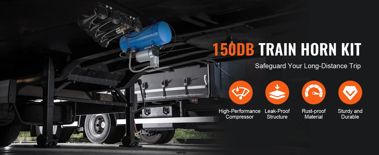 SucceBuy Train Horns Kit 4 Trumpet Air Horn Kit 150dB Train Horns 12V Air Compressor with 3/6/10L Tank, for Pickup Trucks Train