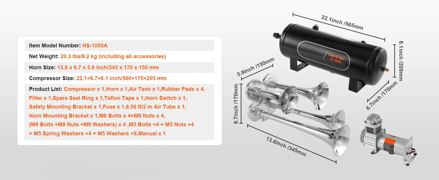 SucceBuy Train Horns Kit 4 Trumpet Air Horn Kit 150dB Train Horns 12V Air Compressor with 3/6/10L Tank, for Pickup Trucks Train