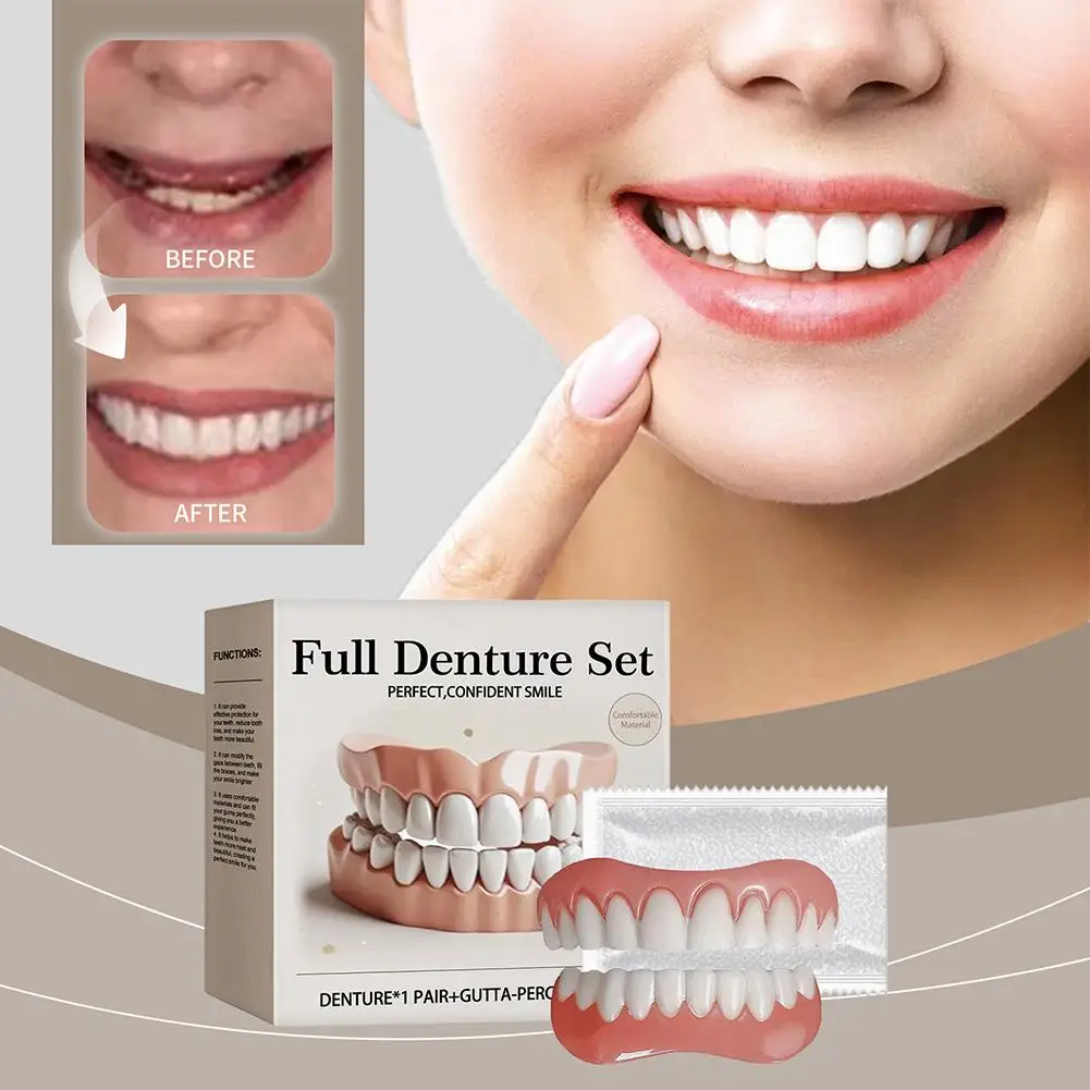 1Set False Teeth Silicone Upper Lower Veneers Perfect Denture Silicone Kit Temporary Orthodontic Fake Tooth Oral Hygiene Care