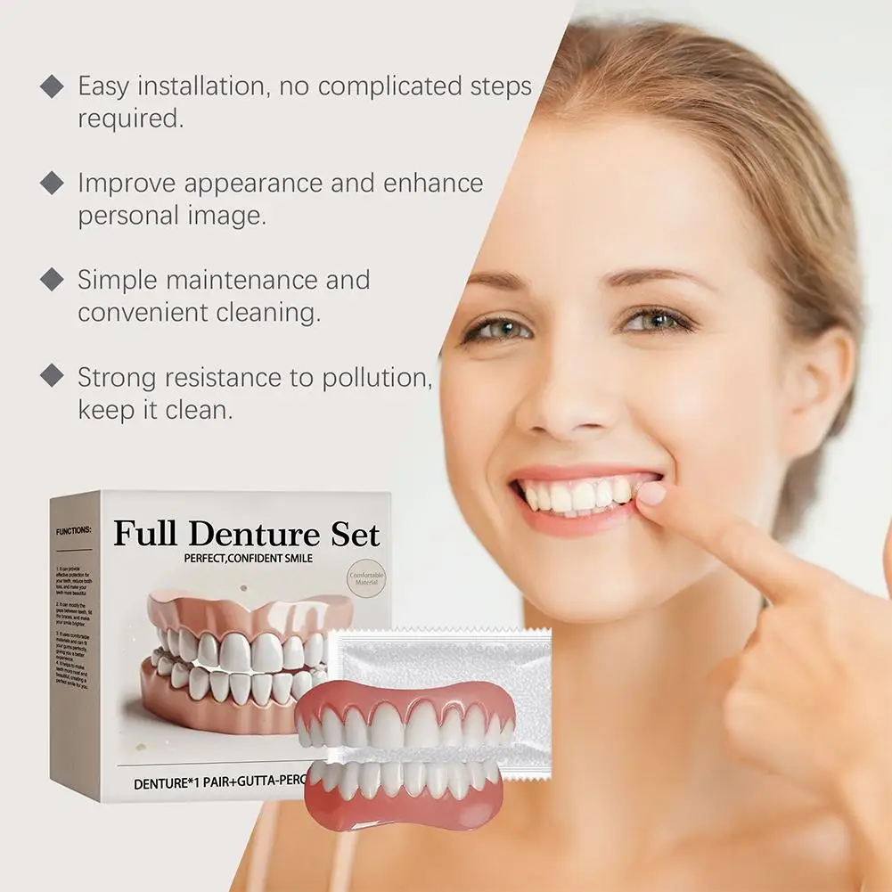 1Set False Teeth Silicone Upper Lower Veneers Perfect Denture Silicone Kit Temporary Orthodontic Fake Tooth Oral Hygiene Care