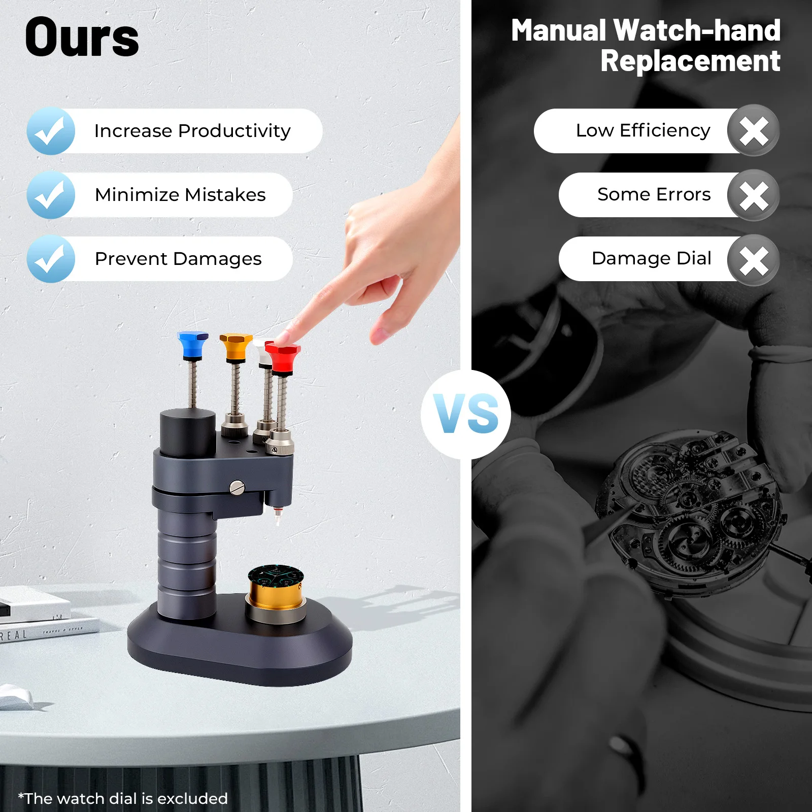 4-Pin Watch Hand Installation Tool Precision Press Fit Setter Watch Repair Tools for 2035/2824/3135 Movements w/ 4 Steel Tips