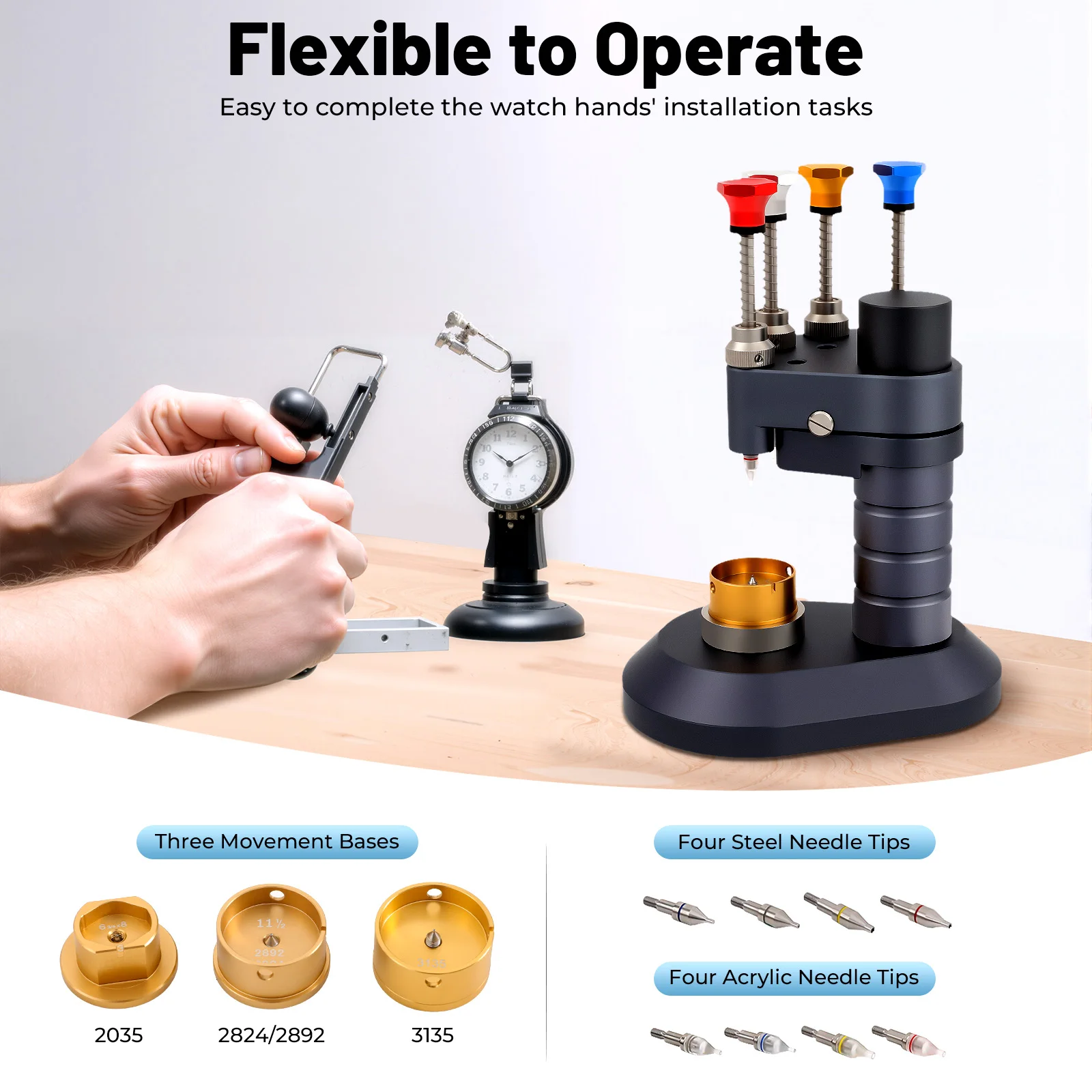 4-Pin Watch Hand Installation Tool Precision Press Fit Setter Watch Repair Tools for 2035/2824/3135 Movements w/ 4 Steel Tips