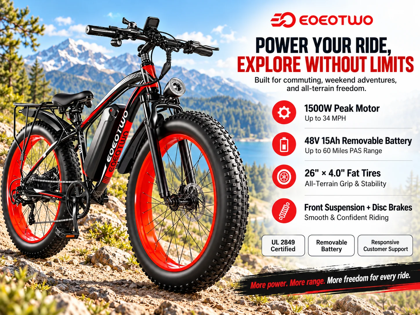 Electric Bike for Adults 750W Motor 28MPH Fast Speed 48V 15Ah Battery 26" Fat Tire Mountain Ebike 400lbs Max Load Aluminum