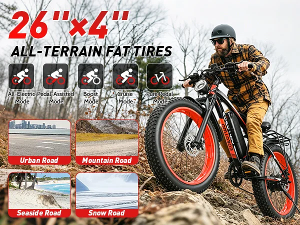 Electric Bike for Adults 750W Motor 28MPH Fast Speed 48V 15Ah Battery 26" Fat Tire Mountain Ebike 400lbs Max Load Aluminum