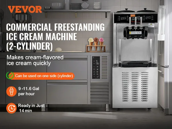 VEVOR Commercial Soft Ice Cream Machine 3 Flavors PreCooling LED Panel Allows Single Cylinder Use Overnight Refrigeration