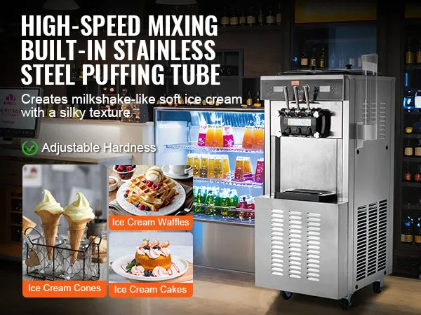 VEVOR Commercial Soft Ice Cream Machine 3 Flavors PreCooling LED Panel Allows Single Cylinder Use Overnight Refrigeration