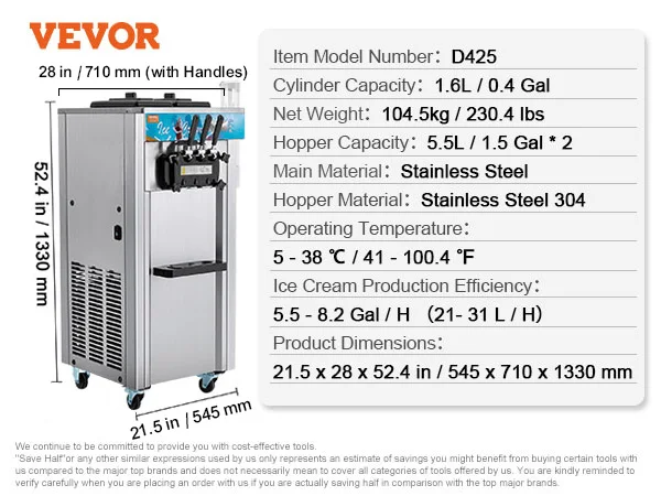 VEVOR Commercial Soft Ice Cream Machine 3 Flavors PreCooling LED Panel Allows Single Cylinder Use Overnight Refrigeration