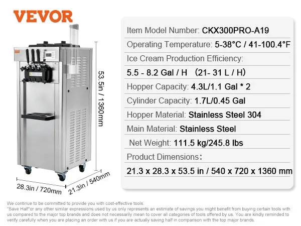 VEVOR Commercial Soft Ice Cream Machine 3 Flavors PreCooling LED Panel Allows Single Cylinder Use Overnight Refrigeration