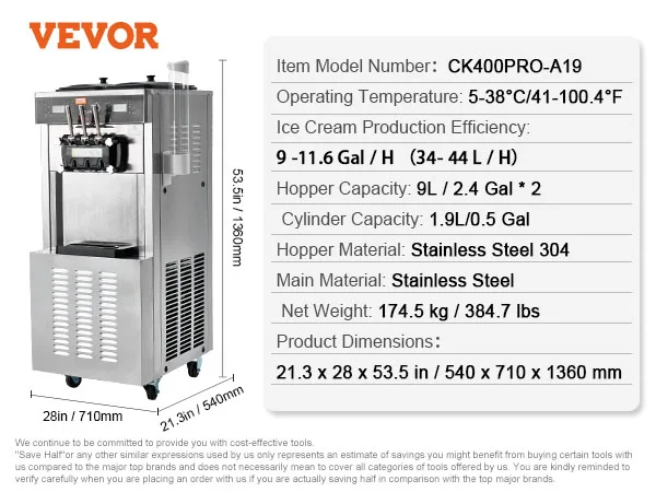 VEVOR Commercial Soft Ice Cream Machine 3 Flavors PreCooling LED Panel Allows Single Cylinder Use Overnight Refrigeration