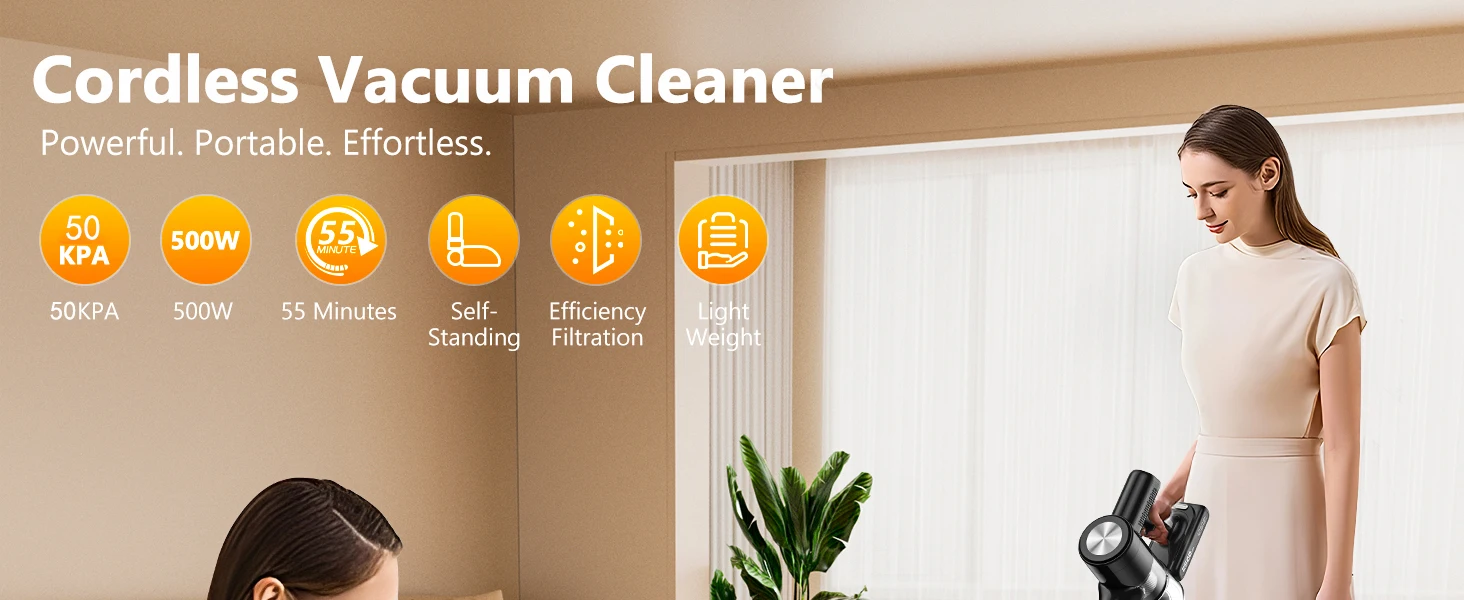 Cordless Vacuum Cleaner, 55Kpa/55min Self-Standing Powerful Stick Lightweight Vacuum Cleaner for Home Pet Hair/Hard Floor/Carpet