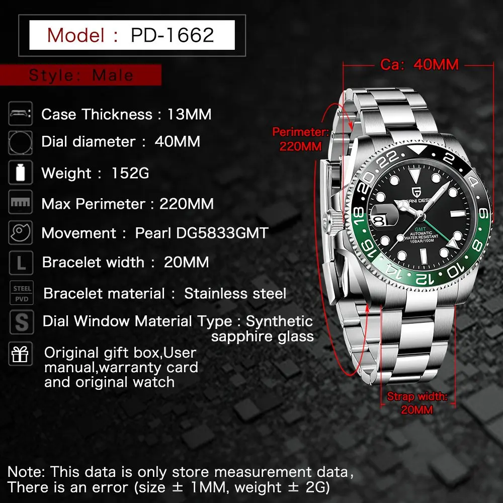 New PAGANI DESIGN 40MM GMT Mechanical Wristwatch Sapphire Ceramic Bezel Automatic Watch Stainless Steel 100M Waterproof Watches